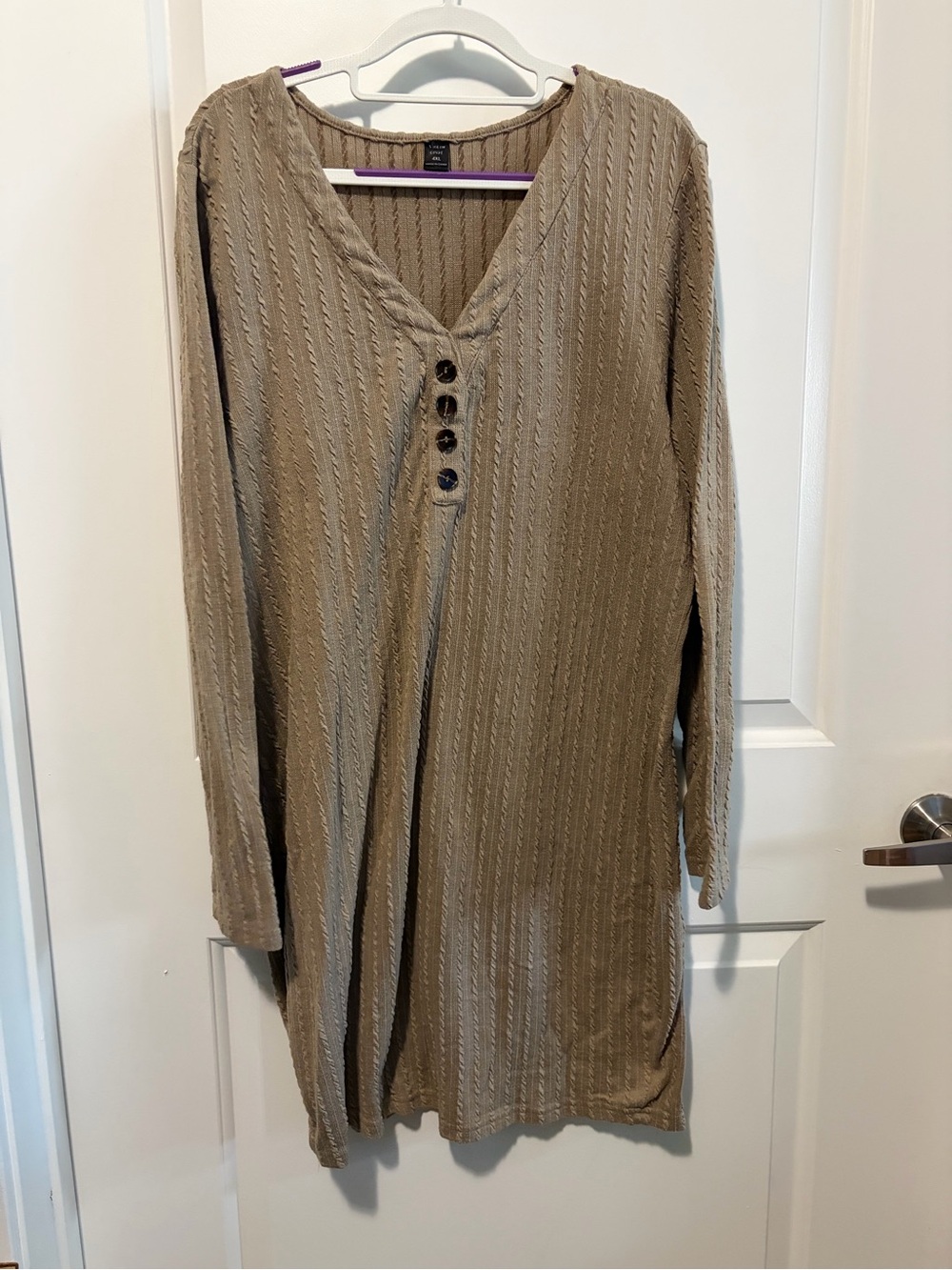 SHEIN Taupe Ribbed V-Neck Long Sleeve Button Tunic Dress